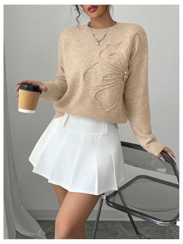 Image of RoseSeek Women's 3D Floral Appliques Crewneck Sweaters Long Sleeve Drop Shoulder Pullovers Elegant Knit Tops