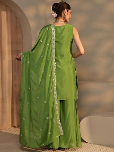 Image of Libas Embroidered Chinon Straight Kurta With Palazzo and Dupatta | ethnic wear | bridal suit | wedding dress | occasion wear