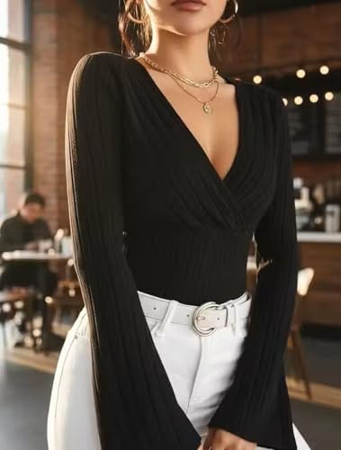 Image of Women Ribbed Knit V-Neck Wrap Top | Long Flare Sleeve Slim Fit Stylish Blouse for Casual