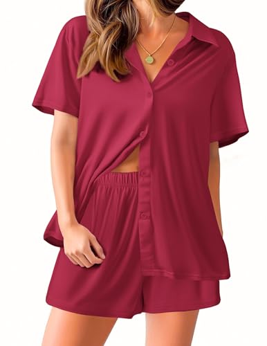 Image of Ekouaer Pajama for Women Set Short Sleeve Button Down Pajamas Sets Soft Lounge Sets for Women Sleepwear PJS