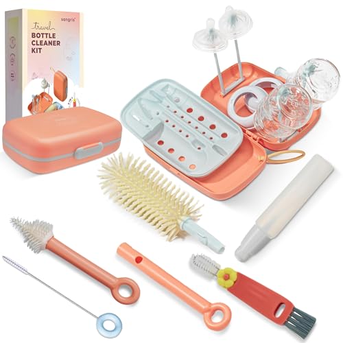 Image of 10-in-1 Baby Bottle Cleaner Brush Set – Travel-Friendly Kit with Silicone Bottle Cleaning Brush, Nipple & Straw Brushes, Soap Dispenser, Baby Bottle Drying Rack, Portable Bottle Cleaning Kit