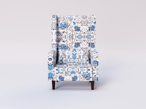 Image of Wooden Wing Chair with Ottoman | Wingback Chair for Living Room | Home Decor Furniture (White with Blue Print)