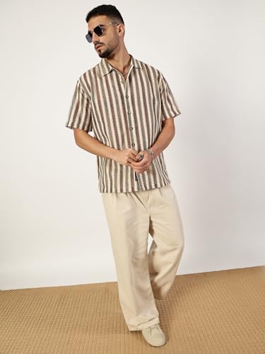 Image of Thomas Scott Men's | Stripes | Half Sleeve | Slim Fit | Polyester-Blend | Spread Collar | Casual Shirt