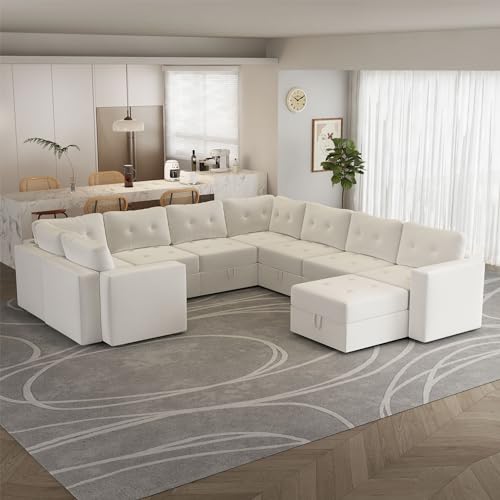 Image of QHITTY Large Sectional Modular Sofa, 9 Seater Accent Couch with Hidden Extra Large Storage Space for Living Room, Beige White