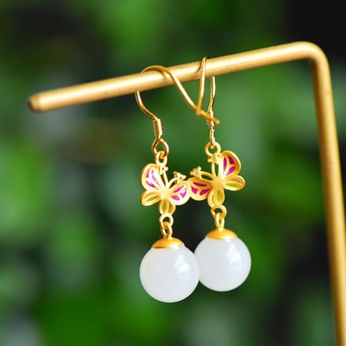 Boucles d'oreilles de Drop Hetian Jade : joaillerie émail papillon - 3