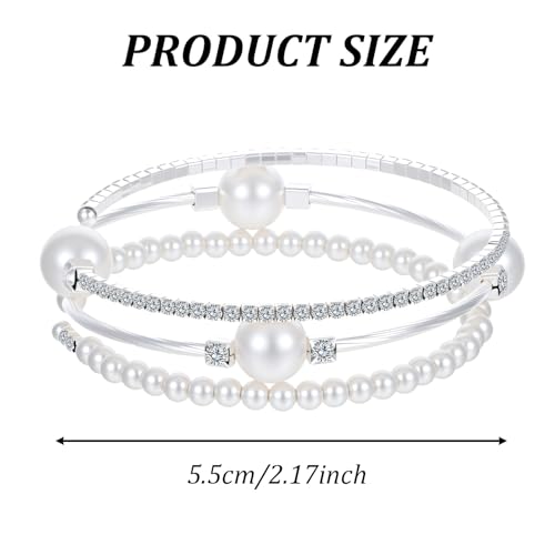 Pearl Bracelets for Women Silver Silver Stretch Bracelets for Women Stackable，Three Layer Bracelet with Pearls and Rhinestones Exquisite Jewelry Decoration2