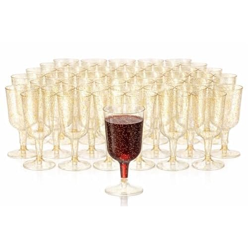 MATANA 50 Gold Glitter Plastic Wine Glasses for Weddings, Birthdays, Bridal Shower & Parties, 6oz - Sturdy & Reusable