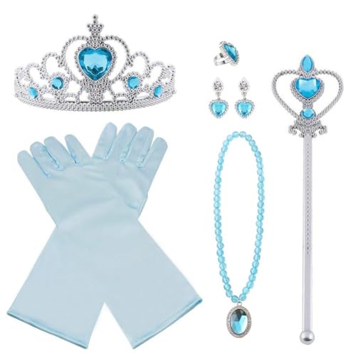 Vicloon Ensemble de Bijoux Princesse Couronne d'elsa, Bleu 8 PCS Princesse Accessoires pour Costume Dress Up, Diadème Couronne Baguette Magique Collier Gants...