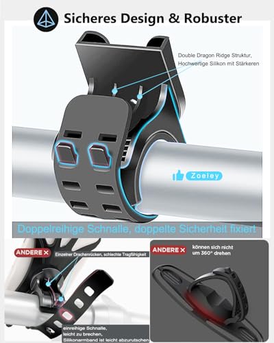 Zoeley Handyhalterung Fahrrad, Universal Handyhalterung Motorrad【1s-Installation】Abnehmbare 360​​° Drehen【Silikon… – Ansicht 6