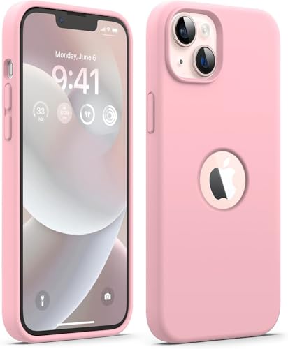 Image of Elzzi Microfiber Logo Cut Cover Compatible for iPhone 13 Case Liquid Silicone Covers Shockproof Back Cover with High Raised Camera Lips - Pink