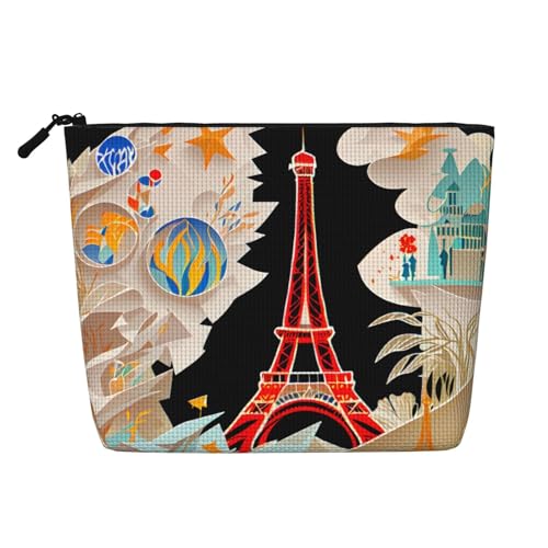 Paris Eiffel Tower Daily Pouch Cosmetic Bag Fake Hemp Large Organizer for Travel Toiletry Water Resistant