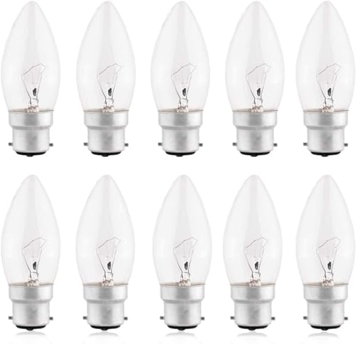 Candle Light Bulb Bayonet 40W, Pack of 10 BC Bayonet B22 Fitting Candle Light Bulbs, Clear Warm White 2700K, 230V