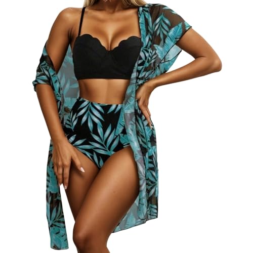 Traje de baño Tankini de dos piezas con estampado floral con pareo integrado para mujer Conjunto de playa elegante y cómodo para nadar, Le Noir, S
