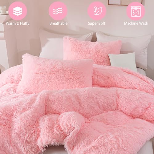 Image of Pink Fluffy Queen Comforter Set - 3 Pieces Faux Fur Fuzzy Bedding Set for Girls, Plush Shaggy Warm Velvet Bed Set with Pillowcases (Pink, Queen)