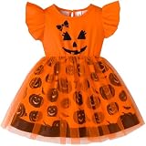 Baby Girls Pumpkin Face Tutu Dress Novelty Casual Tulle Dresses Ruffle Sleeve Halloween Costume Outfits 5T