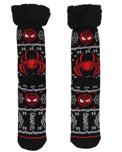 Hyp Marvel Comics Spider-Man Men's Ugly Christmas Sweater Knit Miles Morales Faux Shearling Lined Thick Fuzzy Slipper Socks4