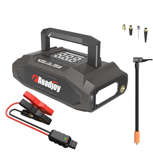 Roadjoy Arrancador de coche de alta potencia de 7000 A con compresor de aire de 150 PSI, amplificador de batería de coche de 12 V, carga rápida de 74 W, inflador de neumáticos portátil de 20000 mAh