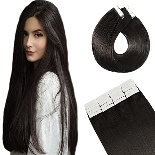 22inch Tape In Hair Extensions Black Human Hair 10A Grade 20PCS 50Grams Remy Brazilian Human Hair Skin Weft Invisible Hair Extensions Glue On Hair double Side Tape For Fashion Women (22In #1B)
