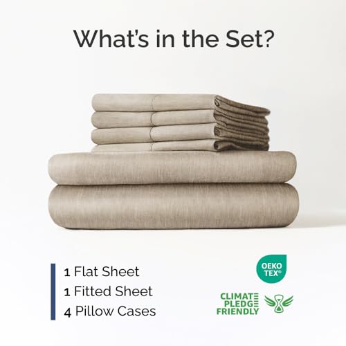 Image of Extra Deep Full Sheet Set - 6 Piece Breathable & Cooling - Heathered Beige | Hotel Luxury Bed Sheets Set, Easy & Secure Fit, Ultra-Soft, Wrinkle & Fade Free, Comfy Sheets Set with Extra Deep Pockets