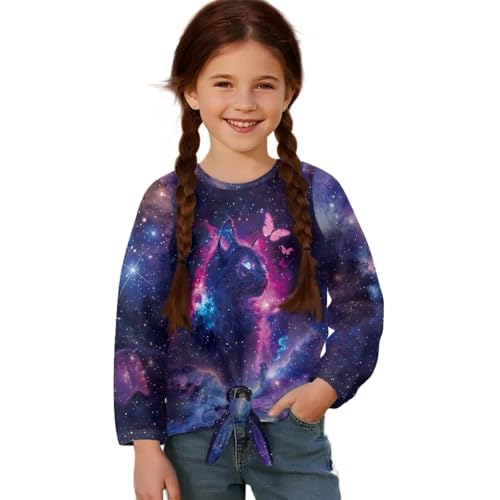 Girls Long Sleeve Shirts Crew Neck Toddler Sweatshirt Tie Front Knot Kids Blouse Children Tees Size 5-12