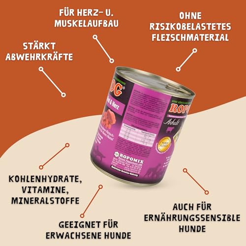 ROPODOG Hundefutter Nassfutter 6×800 g für Erwachsene Hunde Aller Rassen Premium Qualität getreidefrei, proteinreich, gut verträglich – Vollnahrung im Vorratspack (Rind & Herz)