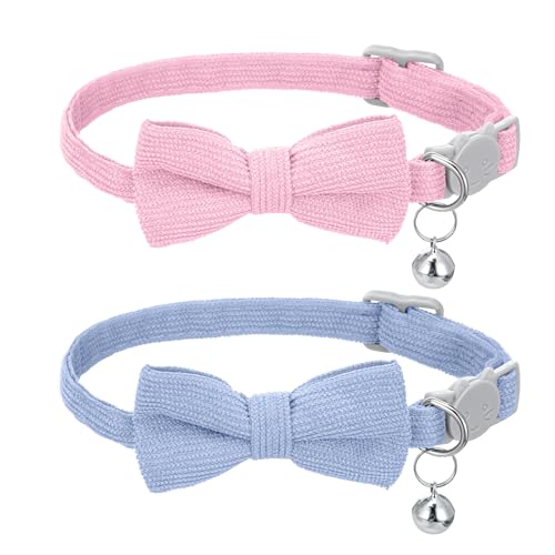 2 Stück Katzenhalsband Weiches Cordhalsband für Kleine Katzen mit Glöckchen und Fliege Katzenhalsband Verstellbar Sicherheitsfliege für Hochzeiten...