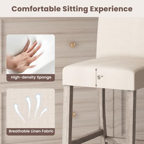 Butacos de Madera para Isla de Cocina, Set de 2, Estilo Mid Century Modern, Asiento Tapizado en Tela de Lino, Patas de Madera de Caucho y Reposapiés, Color Beige miniatura 5