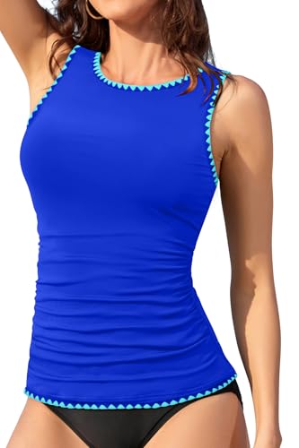 Image of Daci Tankini Tops for Women Tummy Control Swim Top Only | High Neck, Ruched Front, Full Coverage, Removable Pads, No Bottom, Soft Stretch Fabric, Fully Lined, Beach and Water Sports