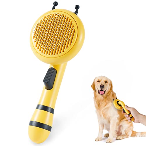Pet Grooming Brush for Long Short Hair Animals, Pet Hair Self-cleaning Brush Comb for Cats/Dogs/Rabbits, Dog Massage Brush for Shedding Grooming, Gently Remove Loose Undercoat, Round, Yellow