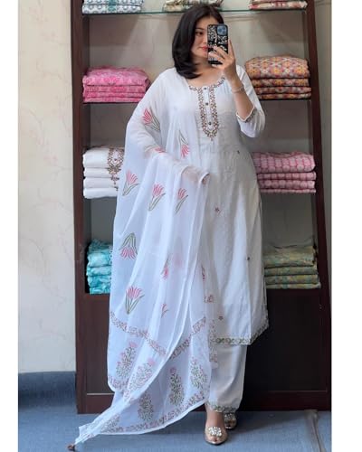 Image of Women's Embroidery Work Georgette Fabric Kurti With Pant & Dupatta | Round Neck & 3 /4 Sleeve | Lightweight & Breathable Fabric-WHITE