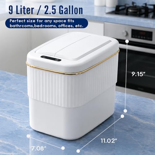 Image of Sensor Bathroom Trash Can with Lid, 2.5 Gallon Motion Sensor Garbage Can,Automatic Touchless Trash Cans, Small hanging garbage bin,Mountable /Desk for Kitchen Compost Bin,Office,White Gold Decor