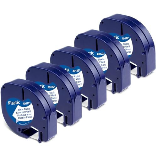 5 x Aken A91221 Bänder Kompatibel mit Dymo Etikettenband Letratag 12mm x 4m für LT-100H LT-100T 200B XR Schwarz auf Weiß Kompatibel mit Dymo Letratag XR Etikettenband White Plastic 91221 S0721660