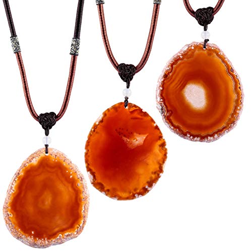 Sunyik Red Agate Slice Stone Pendant With Chain For Women, Healing Crystal Necklace For Men, Adjustable 17"-29" Strand #TOP2