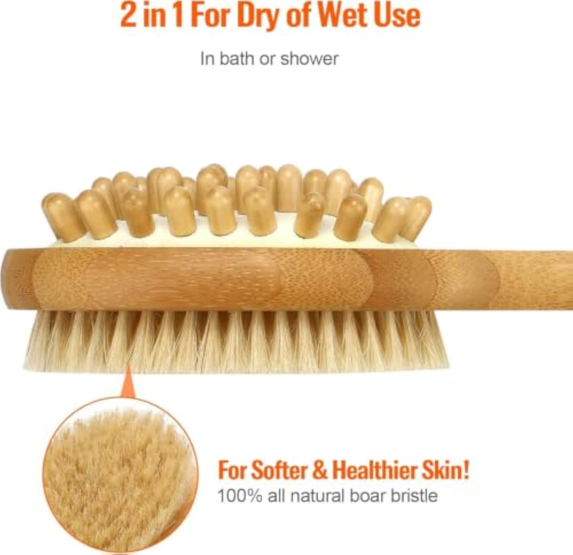 Body Brush for Wet & Dry Brushing, Long Wooden Handle
