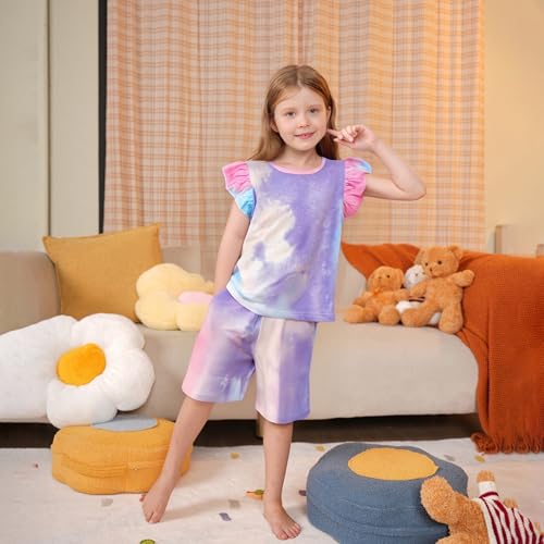 Girls Summer Short Set Cotton Tie Dye Toddler Kids Short Ruffle Sleeve Clothing 3-10Y2