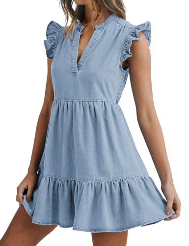 Image of POTILI Denim Dress for Women Mini Jean Dress with Pockets | Ruffle Sleeve, V-neck, Two Side Pockets
