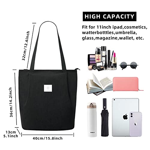 Foto von KALIDI Wasserdicht Cord Tasche mit Reißverschluss,Tote Bag Damen Groß Shopper Tasche Handtasche Kapazität Umhängetasche für Arbeit Büro Reisen Einkaufen Schule und Alltag,Schwarz