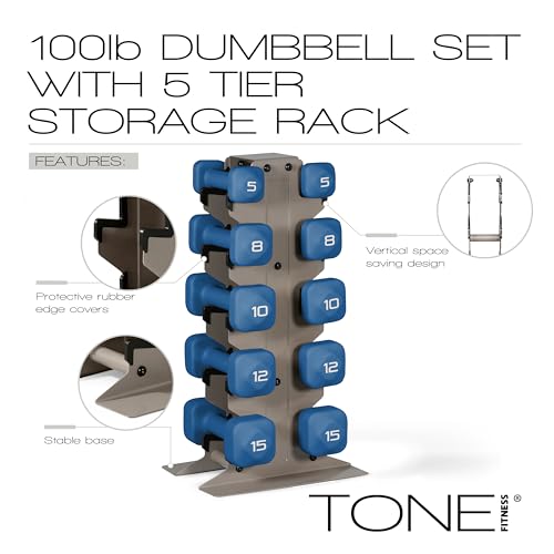 Image of Tone Fitness Neoprene Dumbbell Set with Storage Rack - Non-Slip, Anti-Roll Hand Weights for Home Gym Workouts | 20 lb, 32 lb, 50 lb, 60 lb & 100 lb Options