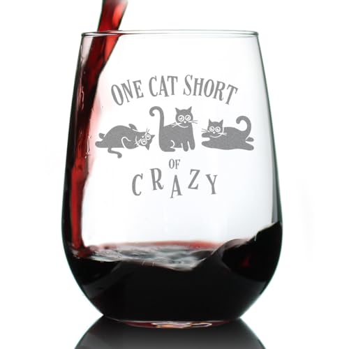Bevvee One Cat Short of Crazy - Stemless Wine Glass Gift - Funny Cat Gifts for Women and Men - Large 17 Ounce
