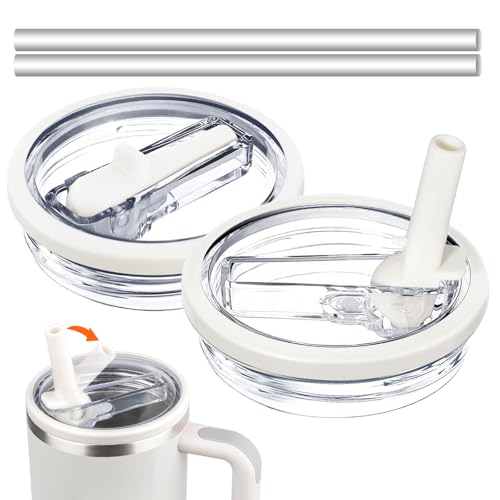 BLACKYEW 40 oz Tumbler Flip Straw Lid for Stanley Cup Accessories 2 Pack Leak Proof Lid Replacement 40 oz for Stanley Quencher Reusable No Spill Flip Straw Tumbler Cover (Cream White)
