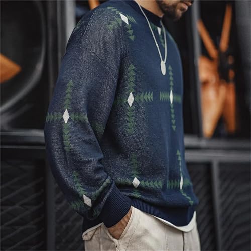 Men's Retro Pattern Knit Pullover Sweater Loose Fit Round Neck College Style Soft Long Sleeve Christmas Casual Top4