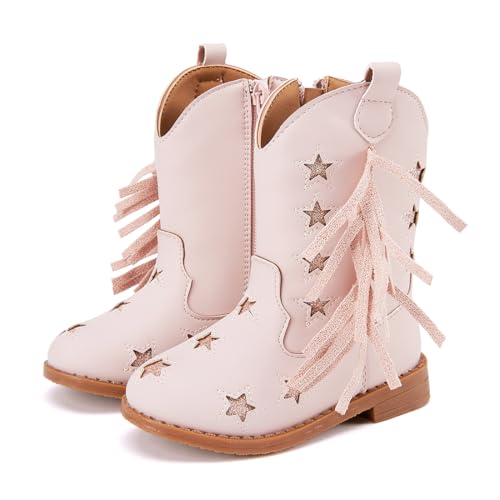 BMCiTYBM Toddler Girls Cowgirl Boots Little Kids Mid Calf Western Boots Cowboy Boots Pointed Toe Riding Shoes Tassels Glitter Pink 8 Toddler