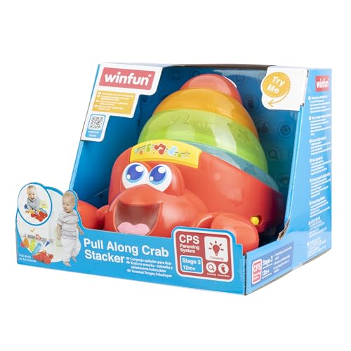 Image of Winfun: Pull Along Crab Stacker - Lights & Sounds, Walking & Stacking Toy, 4 Colorful Cups, Motor Training, Sensory Toy, Baby & Toddler Ages 12mo+