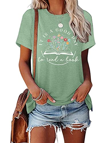 Astanfy Womens Summer T Shirts Book Plant Graphic Tees Crew Neck Tops Letter Print Short Sleeve Casual Tunics,Green,L #TOP19