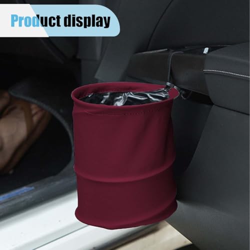 Image of Collapsible Trash Can Car Garbage Bag - Leather Pop-up Car Trash Bin with Elastic Band - Hanging Foldable Garbage Can Vehicle Waste Basket Bin - Double-Layer Washable Bag for Cars Camping (Red)