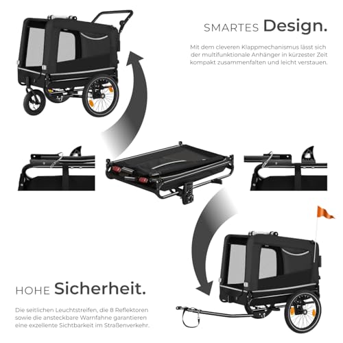 tectake® Fahrradanhänger multifunktional - als Hunde Anhänger Wagen für Fahrrad und e Bike, Jogger oder Buggy, Belastbarkeit bis 40kg, faltbar, schneller Umbau, inkl. Sicherheits Zubehör - schwarz