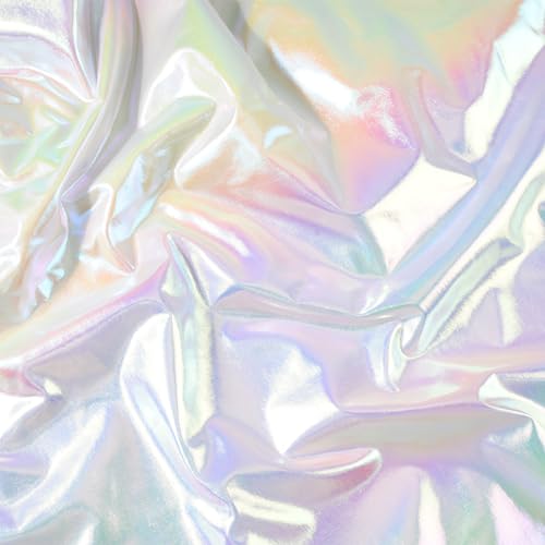 URROMA Tejido elástico de lámina metálica de, Tejido holográfico de Arco Iris Blanco, Tejido Degradado láser de Bricolaje, Tejido de Spandex de lámina de Fondo de Ropa