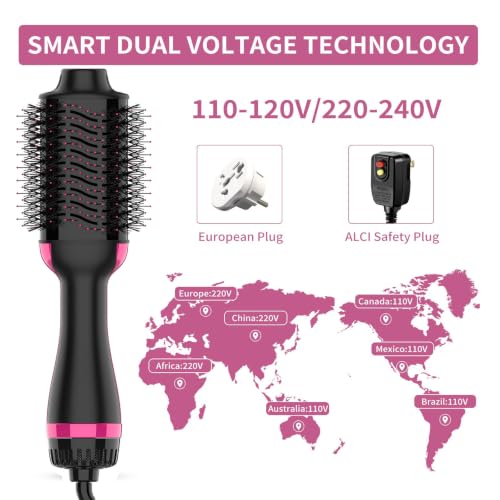 Image of Dual Voltage Hair Dryer Brush for European Travel, 120V - 240V One Step Hair Dryer and Styler Volumizer, Professional Blow Dryer Brush with Negative Ion Anti-frizz for Drying, Straightening, Salon