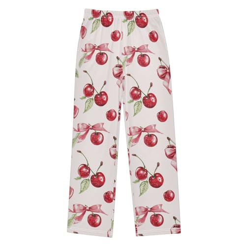 Pajama Bottoms, Cherry Ribbon Bow Pajamas Pant Sleep Long Pants Pink Lounge Wear Elastic Waist Sleepwear Pjs