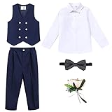 OBEEII 5-teiliges Einschulung Junge Outfit, Kinder Anzug Hochzeit Jungen, Weste + Hemd + Shorts + Fliege + Blumenbrosche Navy01 6-7 Jahre